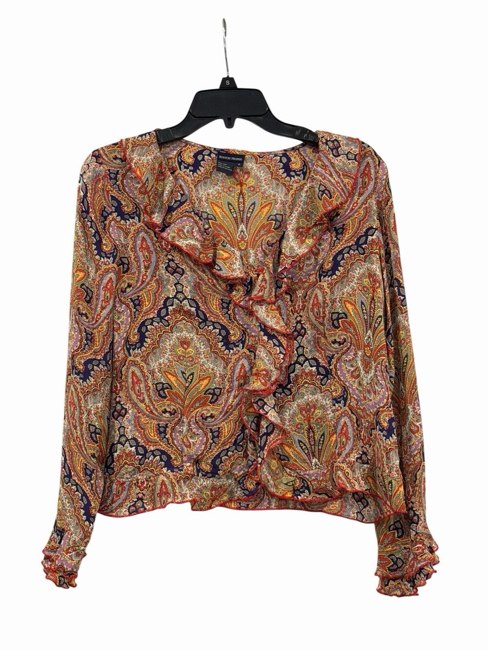 Boston Proper Ruffle-Front Paisley Blouse 100% Silk Women’s 8 Bohemian